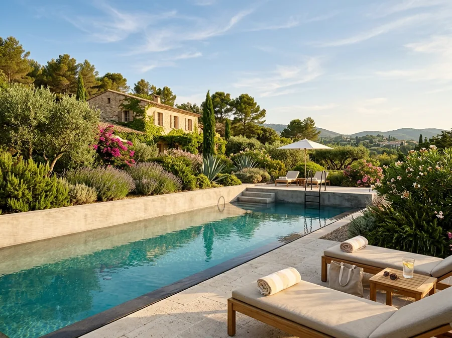 Piscine enterrée dans un jardin méditerranéen